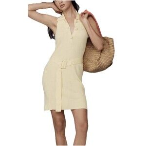 Anthropologie Siempre L Belted Knit Shirt Dress Yellow Halter Front Women